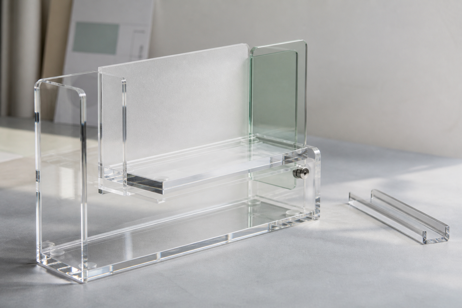 Capability visual showing a clear, frosted and pale green acrylic display prototype