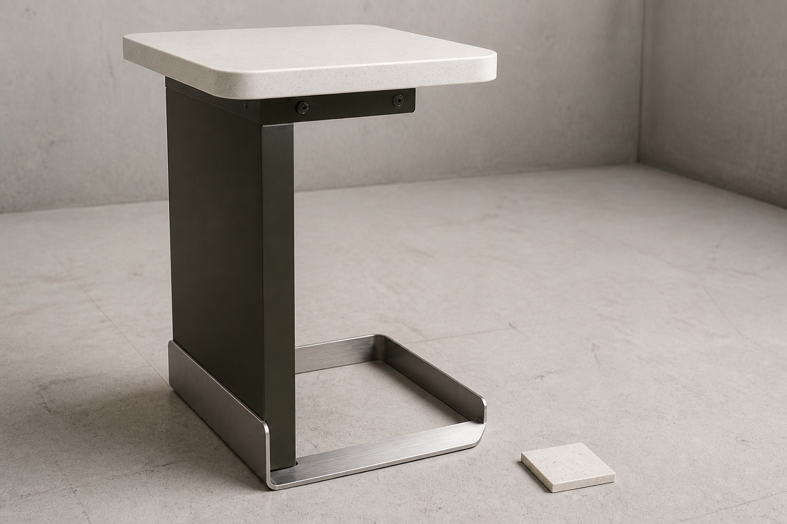 Capability visual showing a compact side table prototype with metal and solid-surface construction