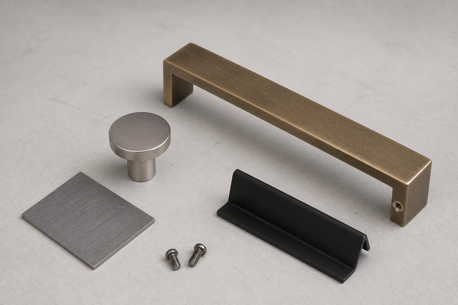 Capability visual showing brushed bronze, satin nickel and black architectural hardware samples