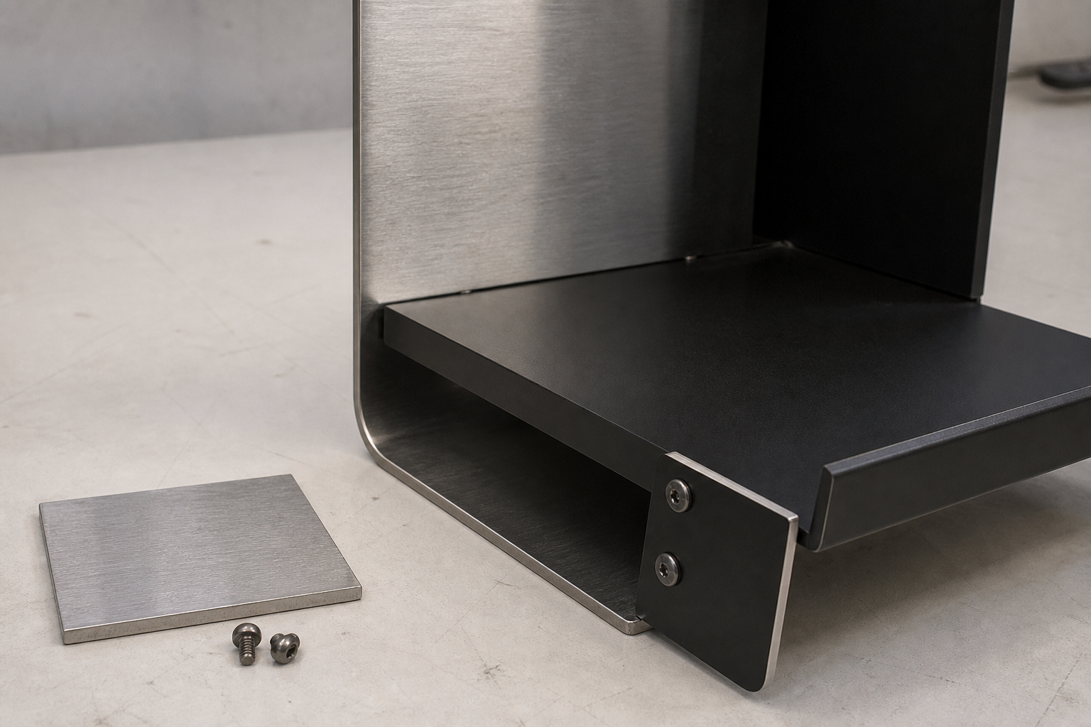 Capability visual showing a brushed stainless steel and black powder-coated display prototype detail